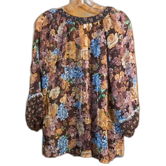 Quintessential Peasant Blouse Women's Small Sheer Cottage Floral V-Neck Layered - Picture 2 of 4